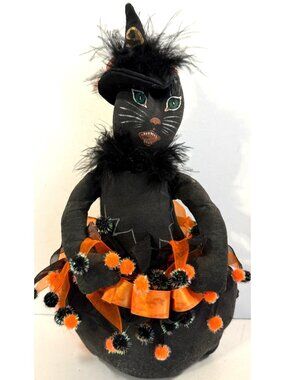 Vintage Halloween Black Witch Kitty Cat Folk Art Primitive 13" Tall Doll